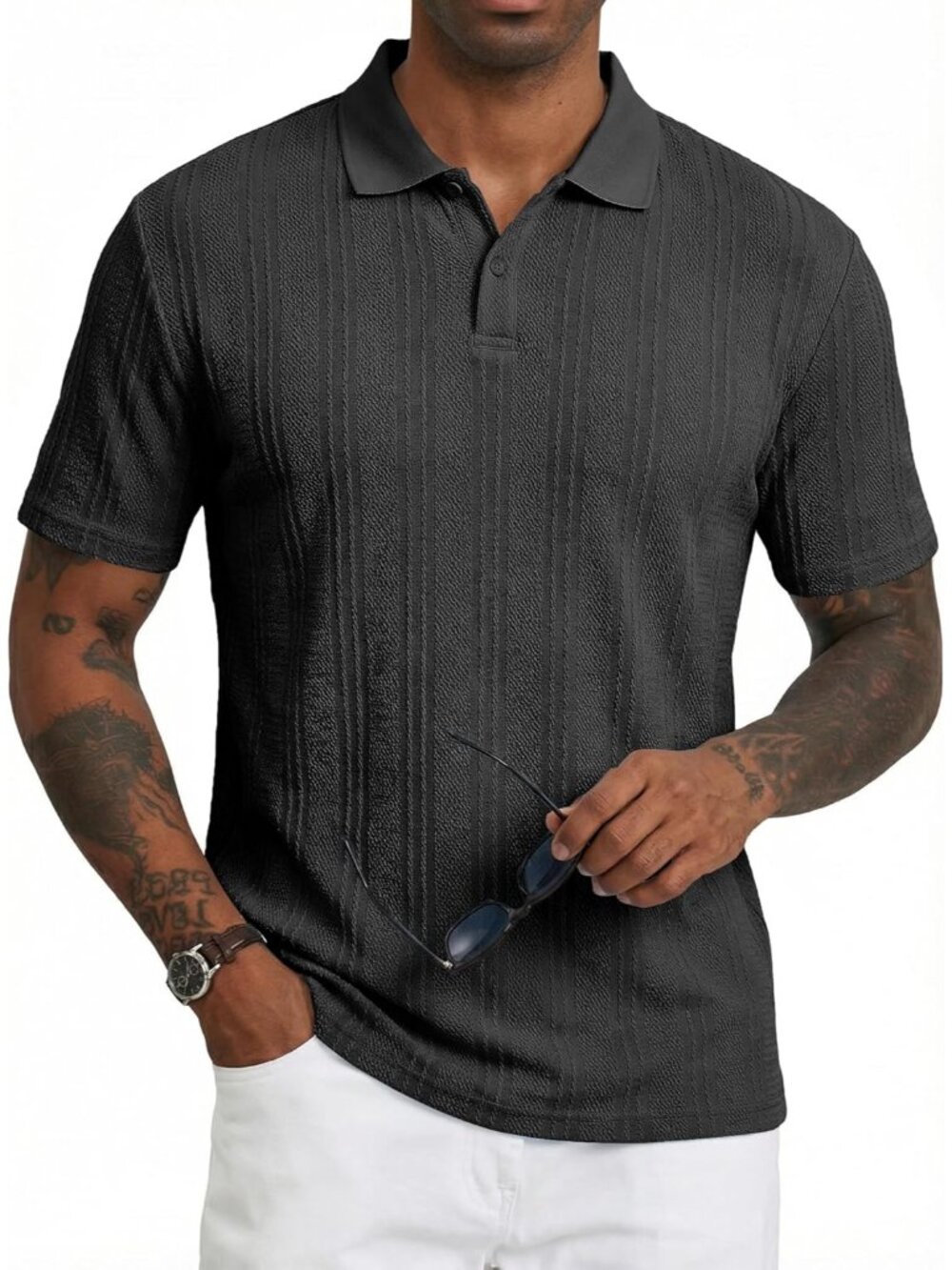 Mens Polo Shirt Textured Short Sleeve Summer Button Collar Knitted Golf Polos